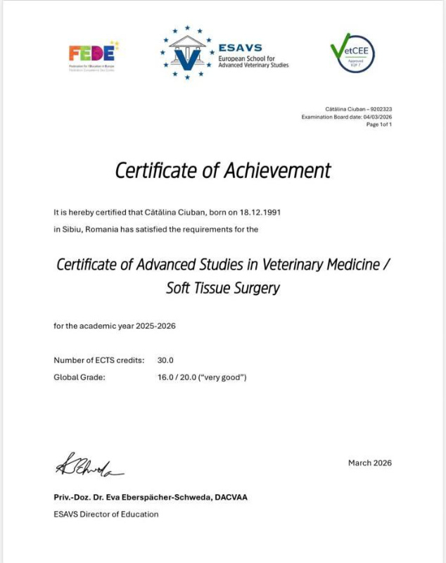Certificat ESAVS de studii avansate în chirurgia țesuturilor moi obținut de Dr. Cătălina Ciuban